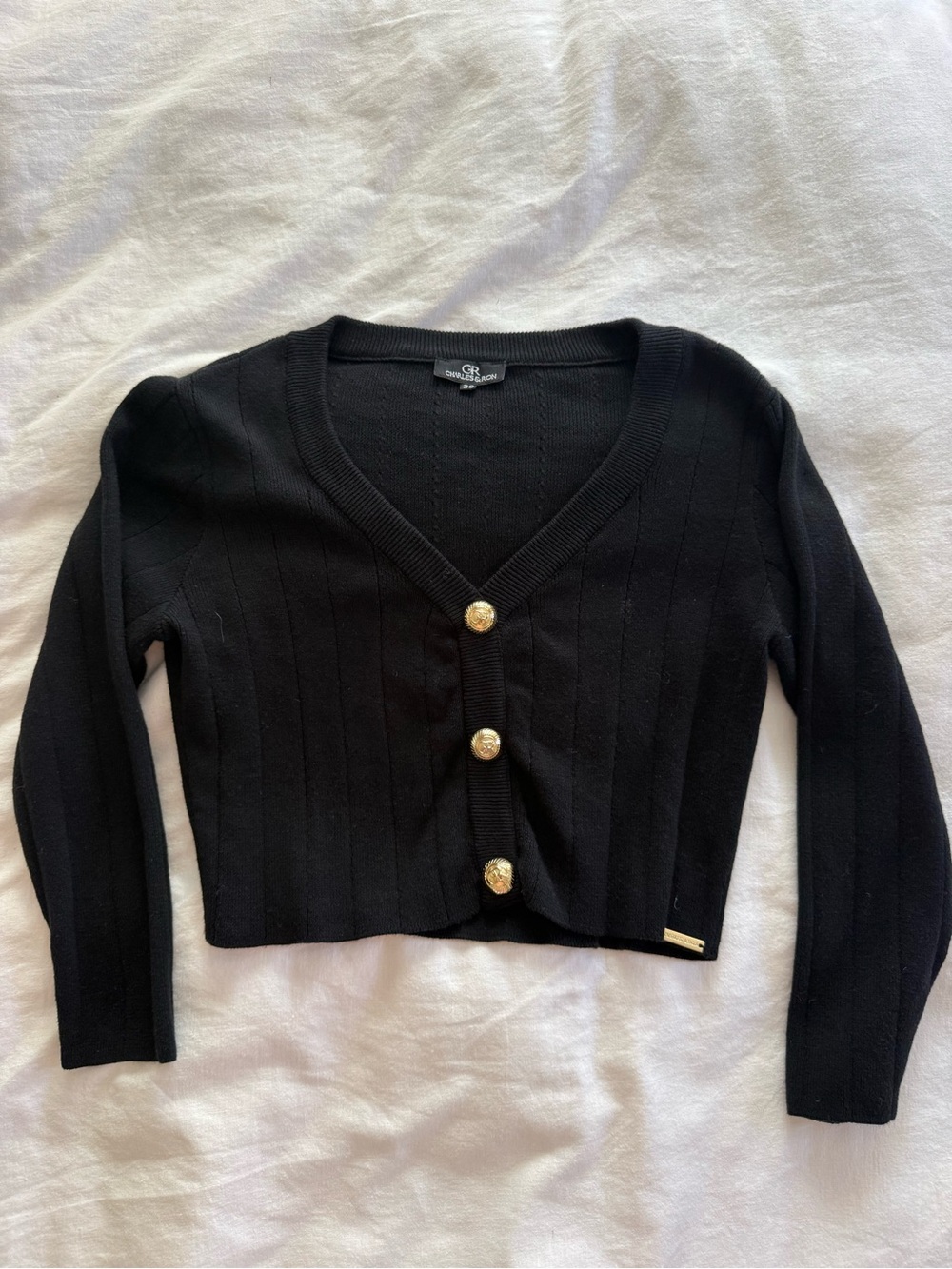 Charles & Ron Black Cropped V-Neck Cardigan with Gold Buttons